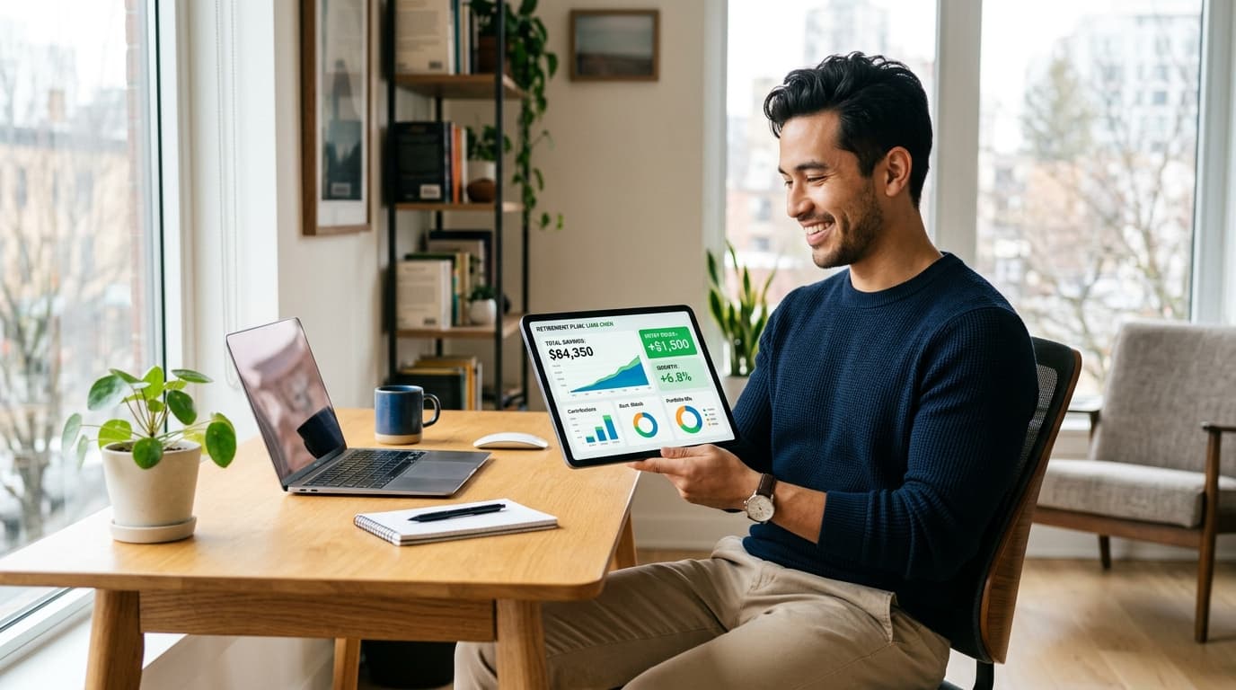 A happy young career starter at a desk looking at a digital Altersvorsorgedepot on his tablet, finding out about the state Einstiegsbonus.