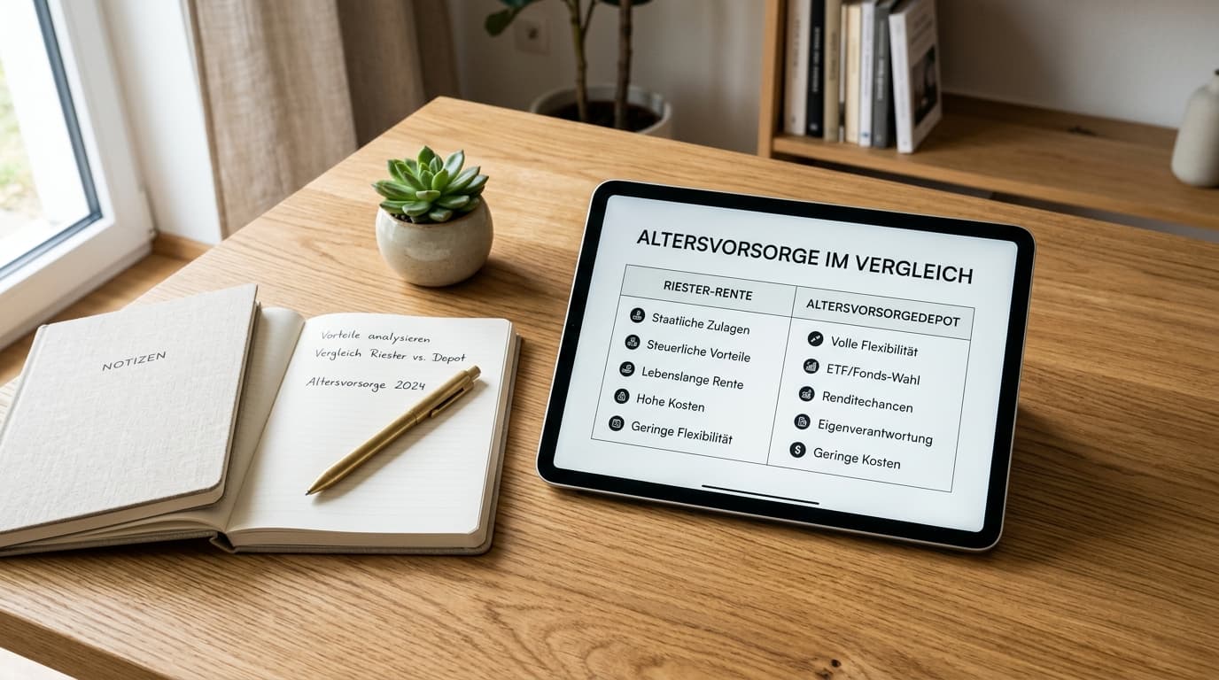 A modern workspace with a tablet showing a chart comparing the Riester-Rente and the Altersvorsorgedepot, surrounded by notepads and a pen.
