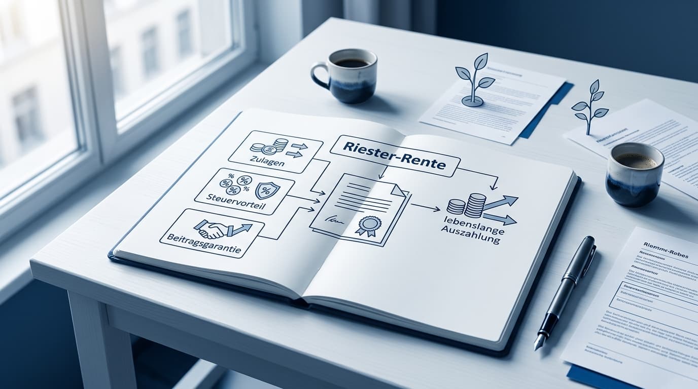 Schematic overview of the Riester-Rente: allowances, tax advantage and contribution guarantee flow into a certified contract with a lifelong payout · AI-generated