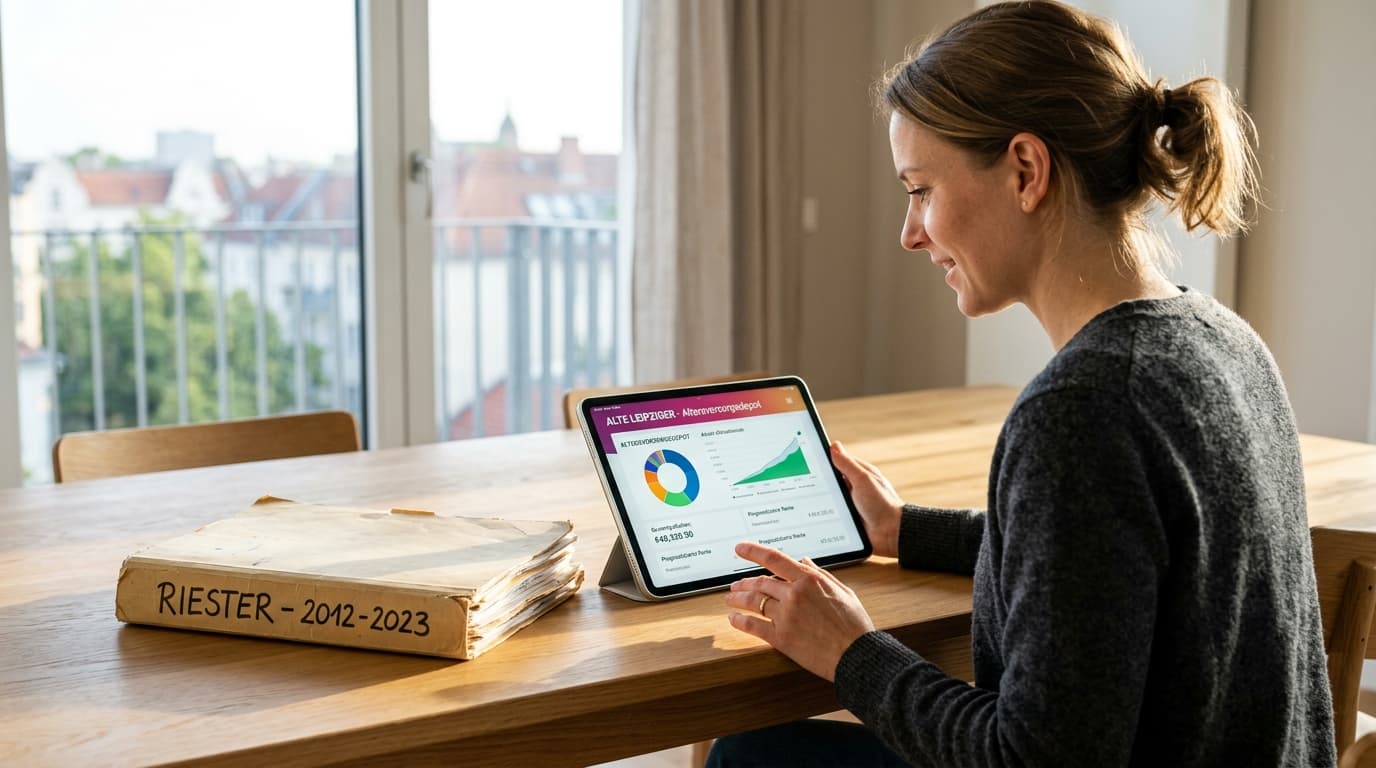 A saver compares the costs and fees of an old Riester folder against the new digital Altersvorsorgedepot on a tablet screen.