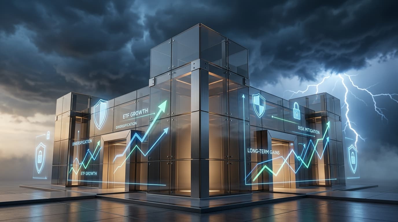 A stylised, secure fortress protecting a digital securities account from outside storms, surrounded by shield symbols and ETF graphics.