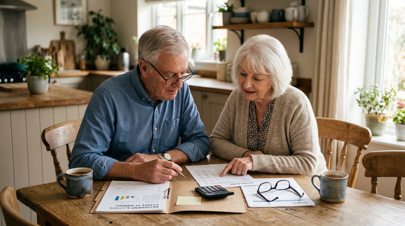 An older married couple sit relaxed at a wooden table, discussing retirement-planning documents for their family together.