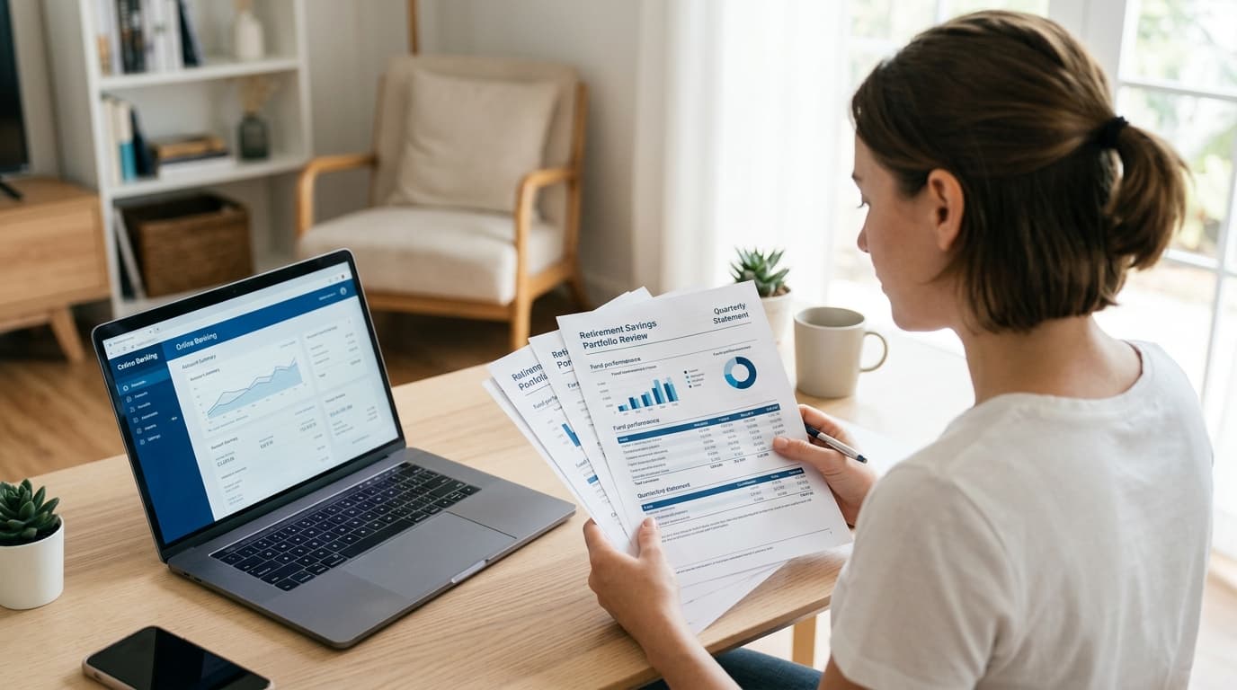 A young adult at a laptop reviews the paperwork for the Altersvorsorgedepot around their 18th birthday.