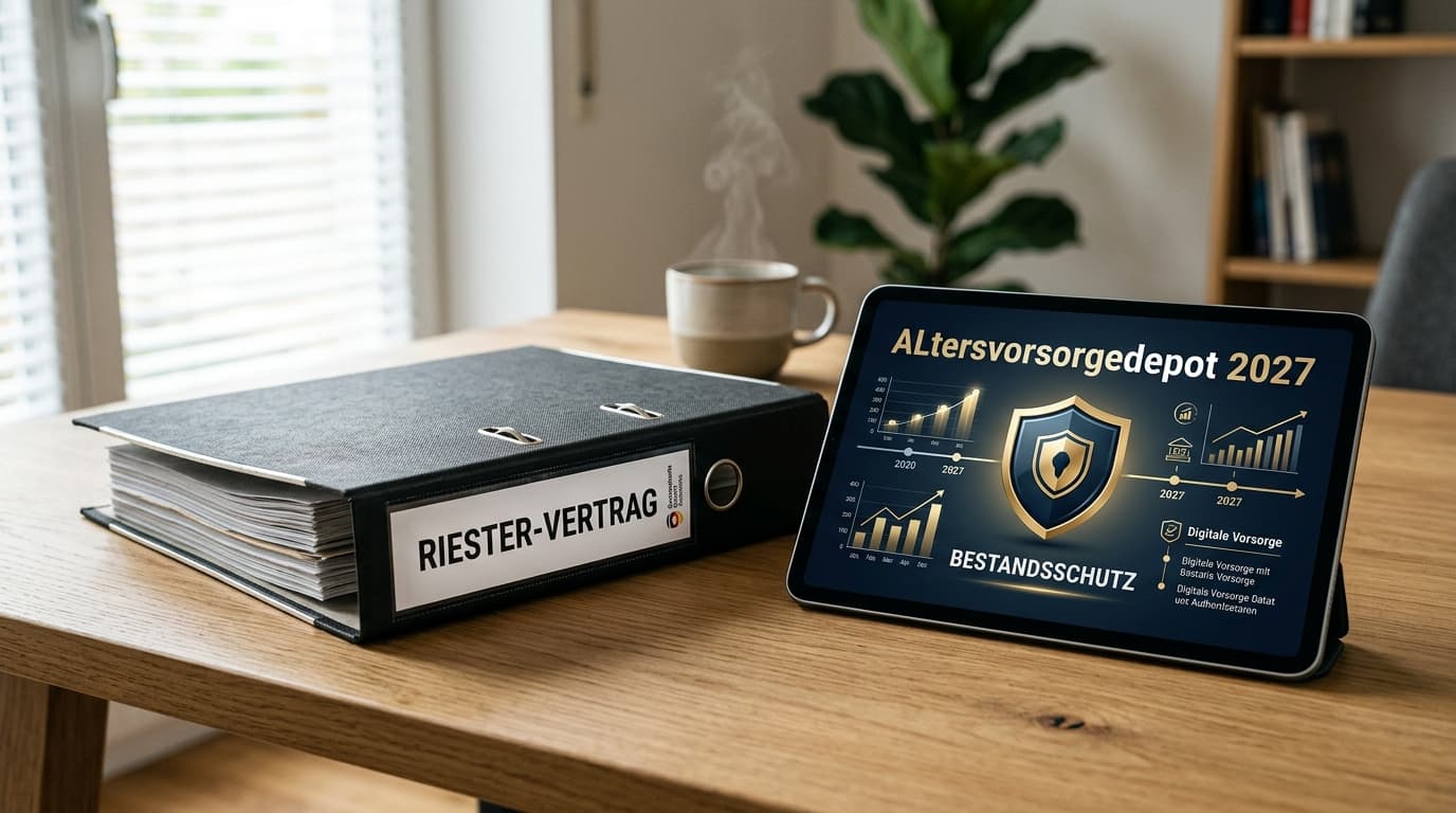 A secure file folder labelled Riester-Vertrag next to a digital tablet, symbolising the 2027 switch to the Altersvorsorgedepot and the grandfathering of existing contracts.