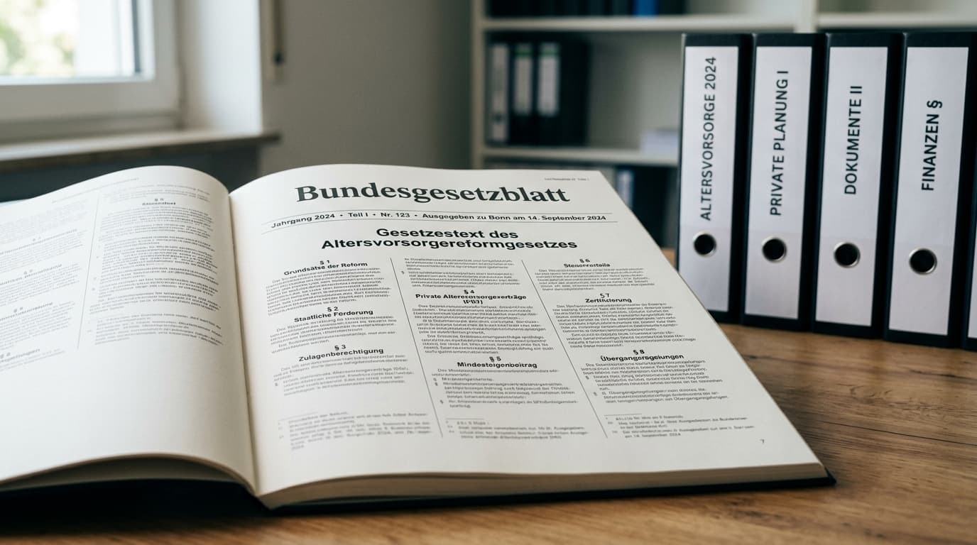 The text of the Altersvorsorgereformgesetz in the Federal Law Gazette, with section-mark symbols and file folders on private retirement provision.