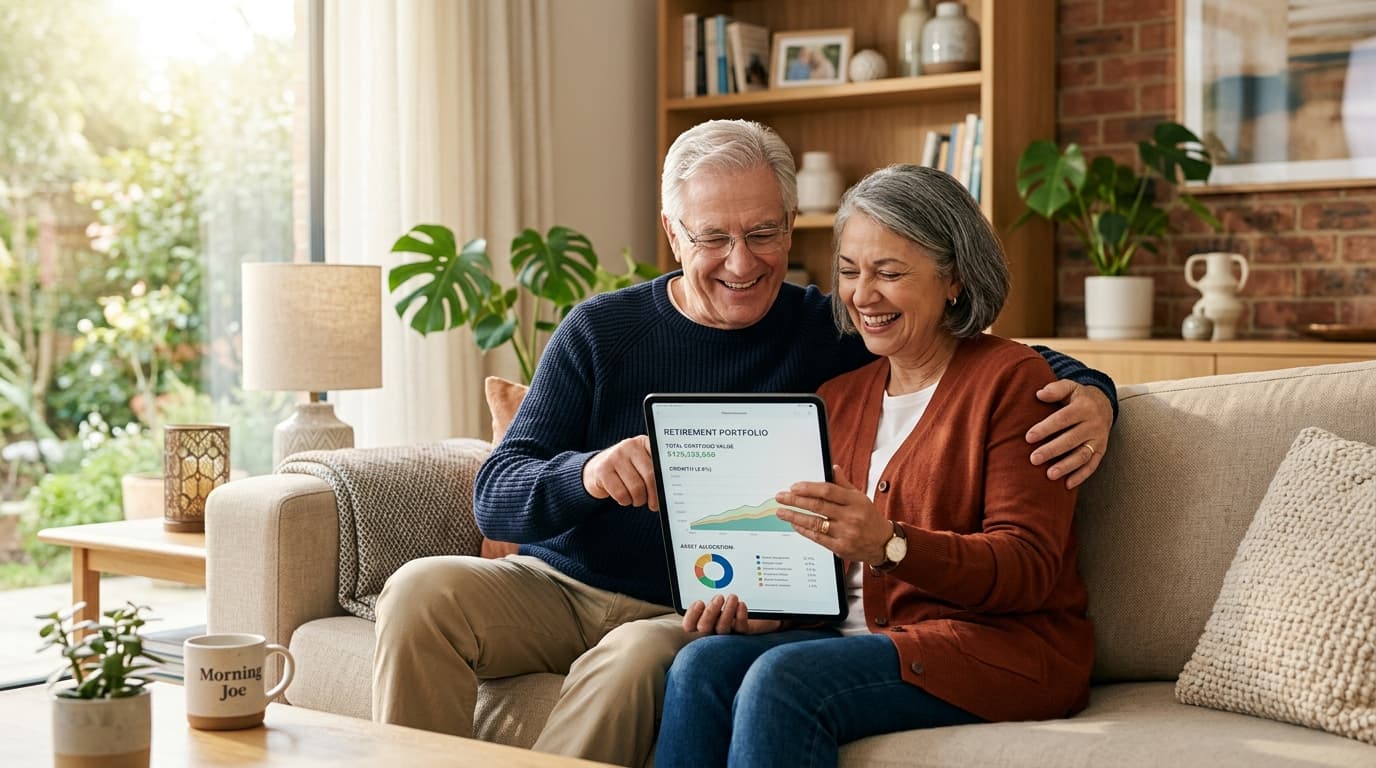 A happy retired woman and man calmly discussing their financial future on a modern tablet.