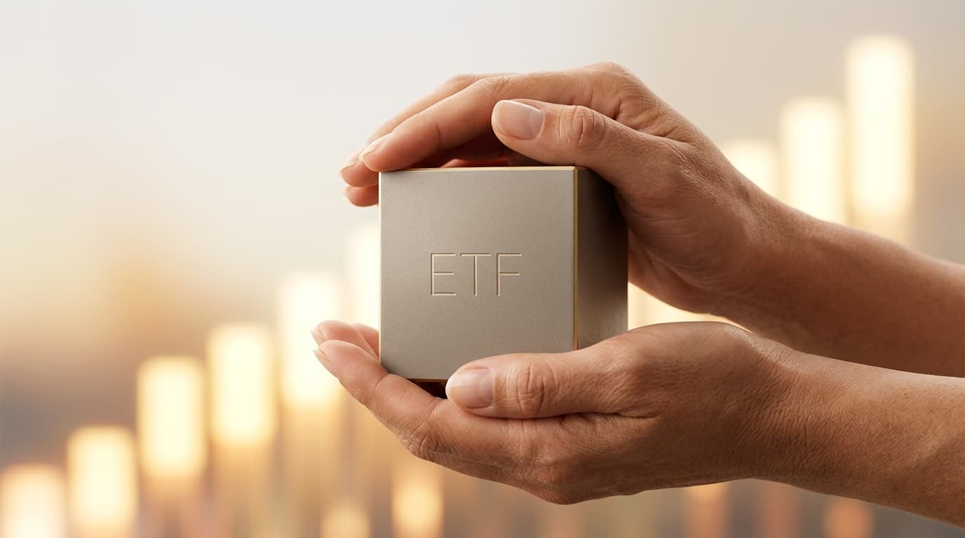 Two hands protectively hold a symbolic pension-ETF building block, while an abstract bar chart in the background hints at the steady growth of the Altersvorsorgedepot.