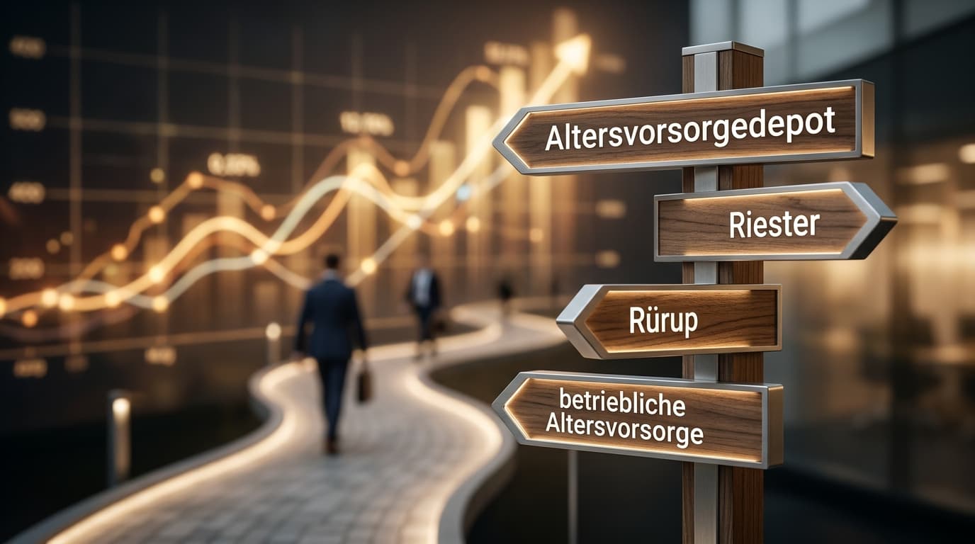 A modern signpost with different paths for the Altersvorsorgedepot, Riester, Rürup and occupational pension provision, set against a stylised financial background.