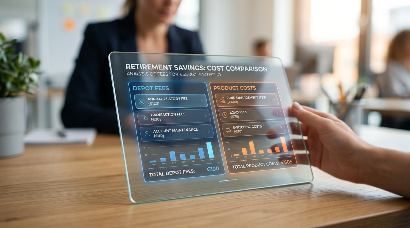 A schematic, transparent comparison of account fees and product costs on a digital interface, visualising retirement-account costs.