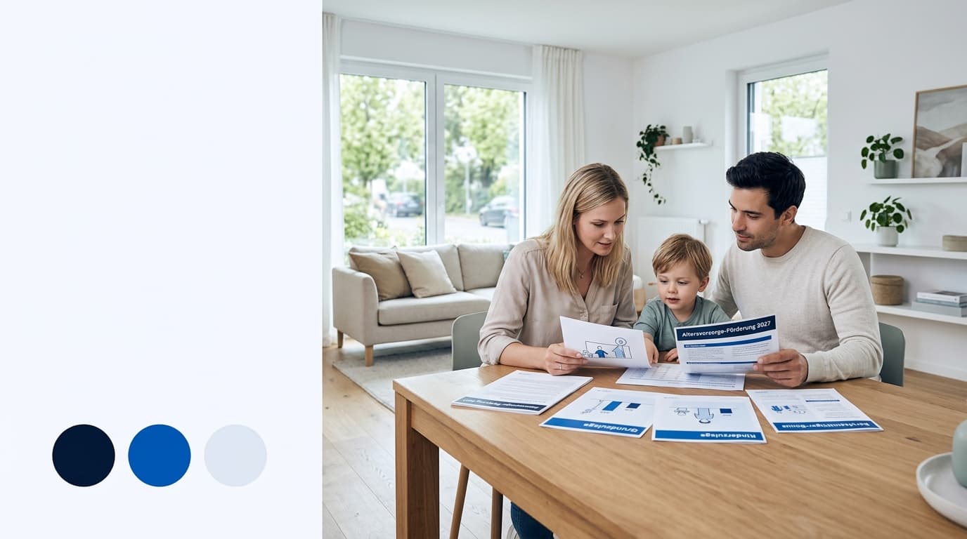 Infographic on the state pension subsidy from 2027 showing the basic allowance, child allowance and Frühstart-Rente for families