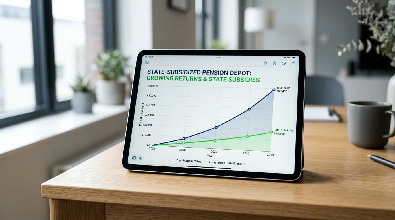 A modern tablet shows the growing return chart of a subsidised Altersvorsorgedepot, illustrating savings success through state allowances.