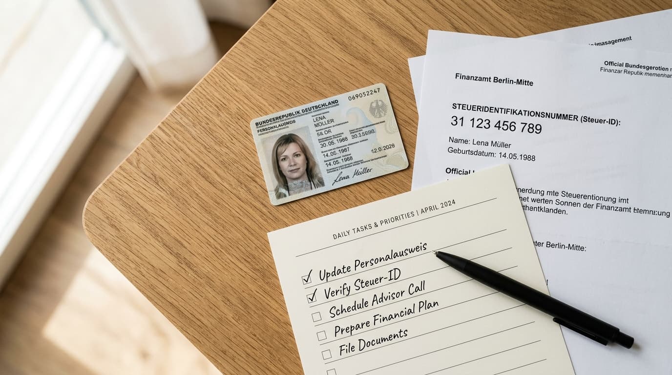 A clear checklist of documents such as an ID card, tax ID and notes for opening a subsidised Altersvorsorgedepot on a desk.