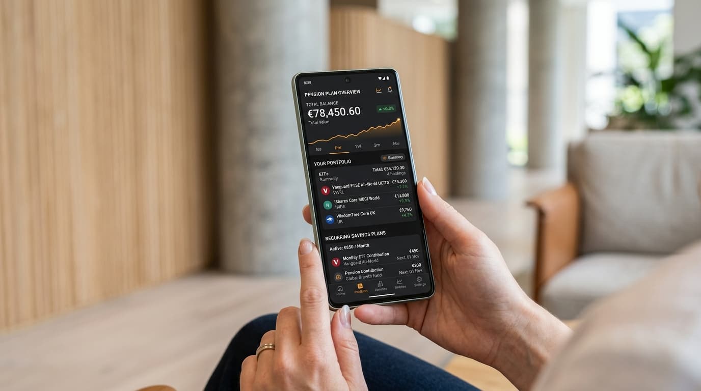 A modern digital smartphone display shows a securities account with various ETFs and savings plans, with symbolic pillars in the background representing secure private retirement provision.