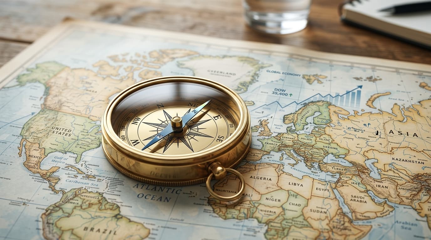 A gleaming compass rests on a world map showing different continents and financial charts, symbolising the strategic choice of a world ETF for the Altersvorsorgedepot.