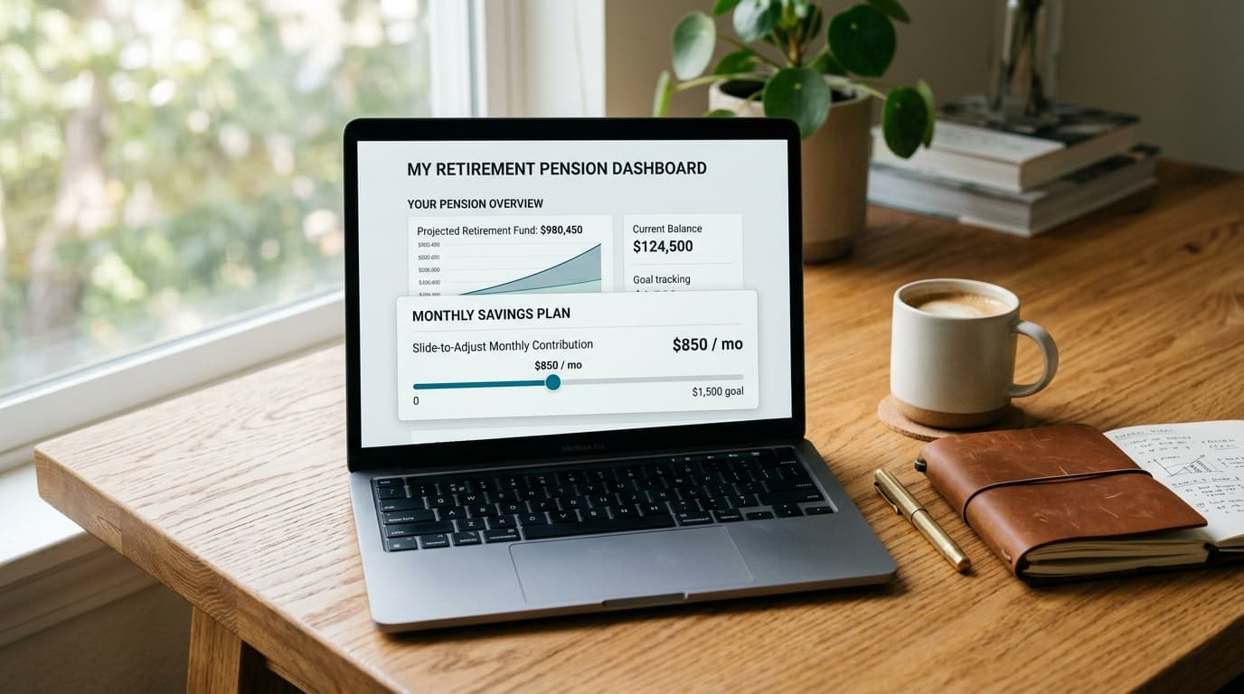 A laptop displays the interface of a digital Altersvorsorgedepot with a flexible savings-plan adjustment, alongside the work materials of a self-employed person.