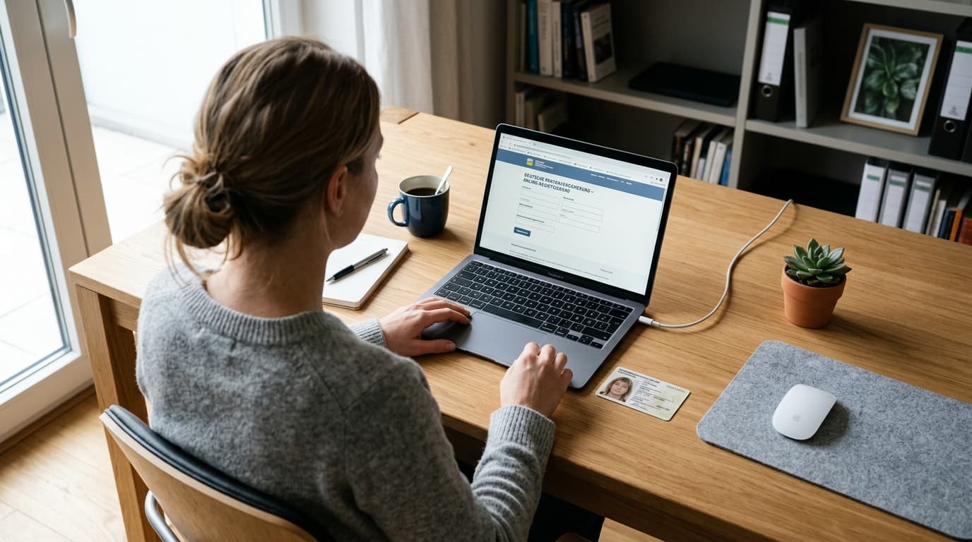A person sits at a desk opening an Altersvorsorgedepot on a laptop, with an identity card lying next to it for identification.