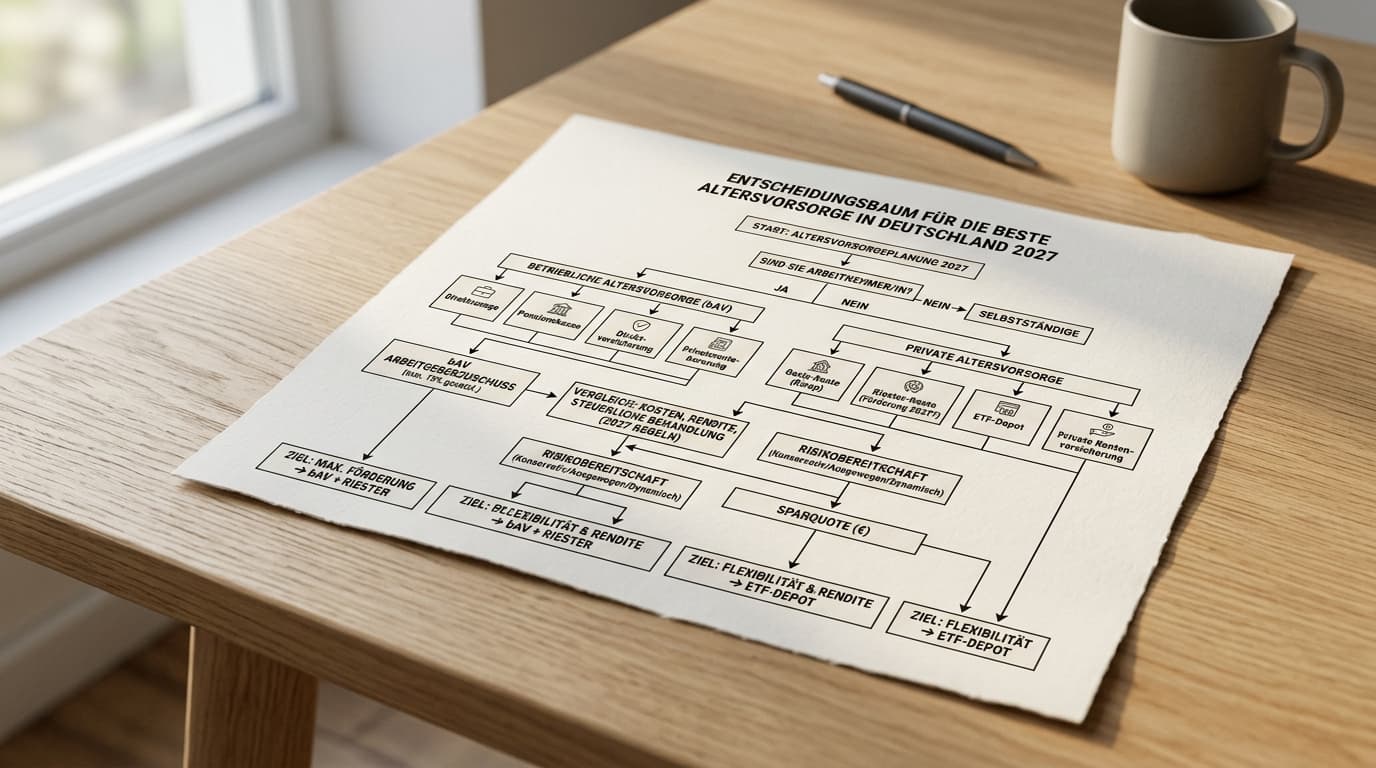 A detailed schematic illustration of a decision tree for selecting the best Altersvorsorgedepot in Germany for 2027.