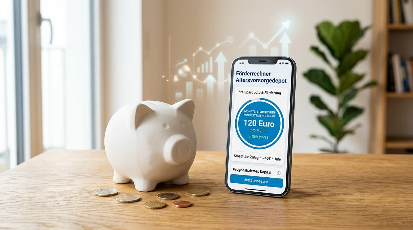 A symbolic piggy bank next to a smartphone showing the subsidy calculator with a minimum contribution of 120 euros, surrounded by coins and graphics.