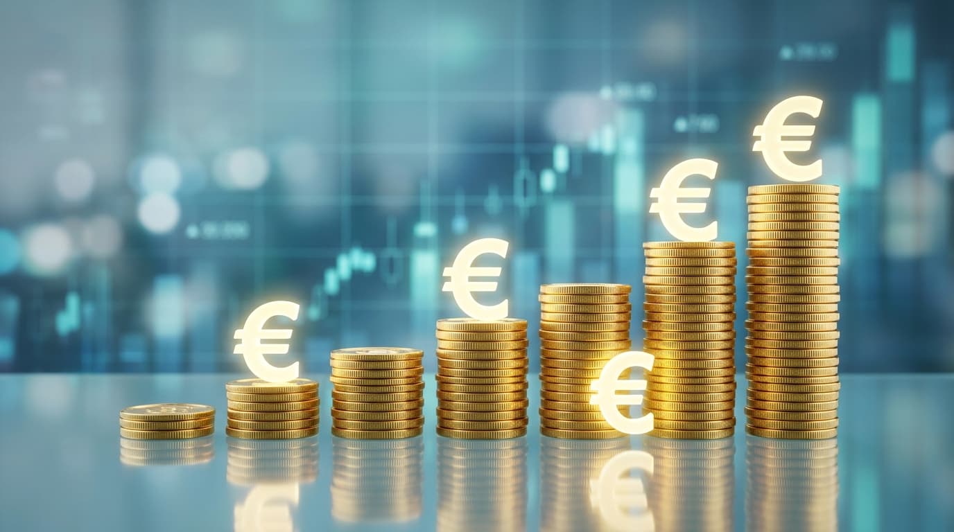 A graphic illustration of an Altersvorsorgedepot with growing gold coins and a state allowance shown in euro symbols against a modern, digital background.