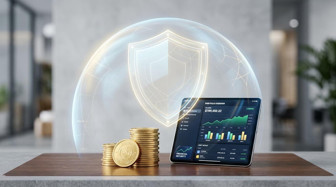 A protective shield above a shining stack of coins and a digital account on a tablet, symbolising security and stability.