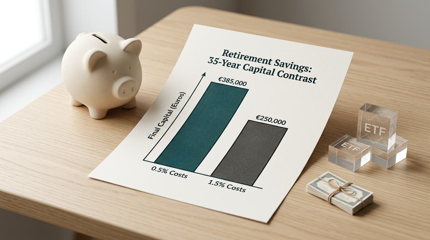 A detailed bar chart showing the difference in final capital for a retirement portfolio over 35 years at 0.5 percent versus 1.5 percent annual costs, framed by piggy banks and ETFs.