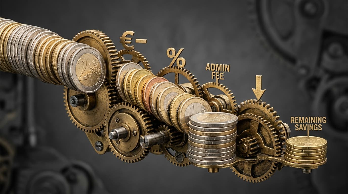 A stack of coins passing through gears and fee symbols and shrinking as it goes, symbolising the cost impact on retirement savings.
