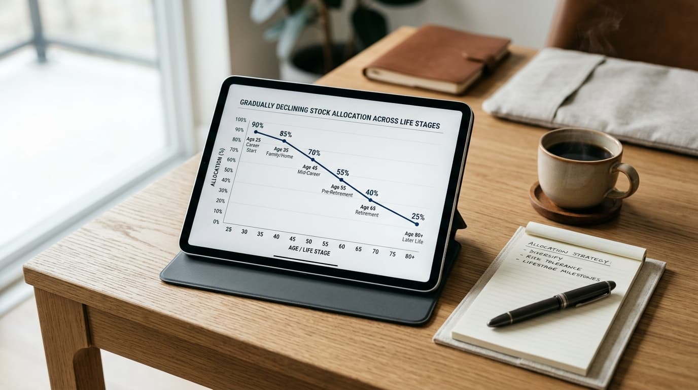 A detailed chart on a tablet screen visualising the trajectory of a gradually declining equity allocation across different life stages, surrounded by notepads.