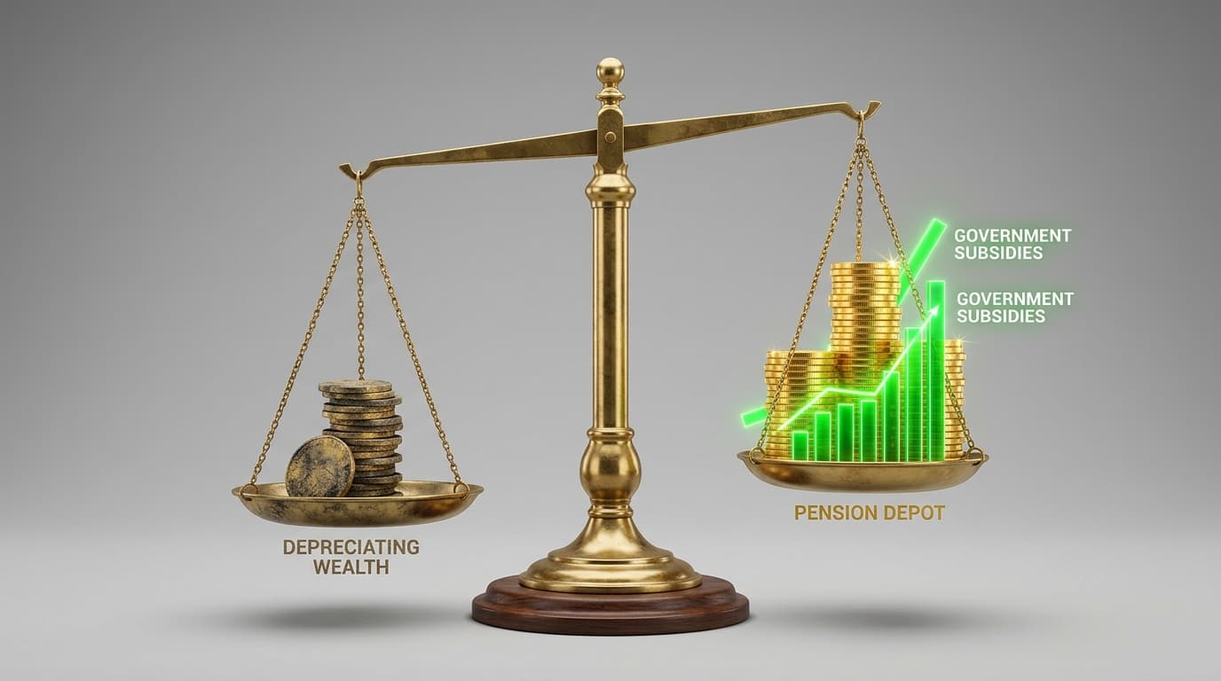 A graphic showing a schematic coin scale: on one side, dwindling wealth through inaction; on the other, growing state allowances in the Altersvorsorgedepot.