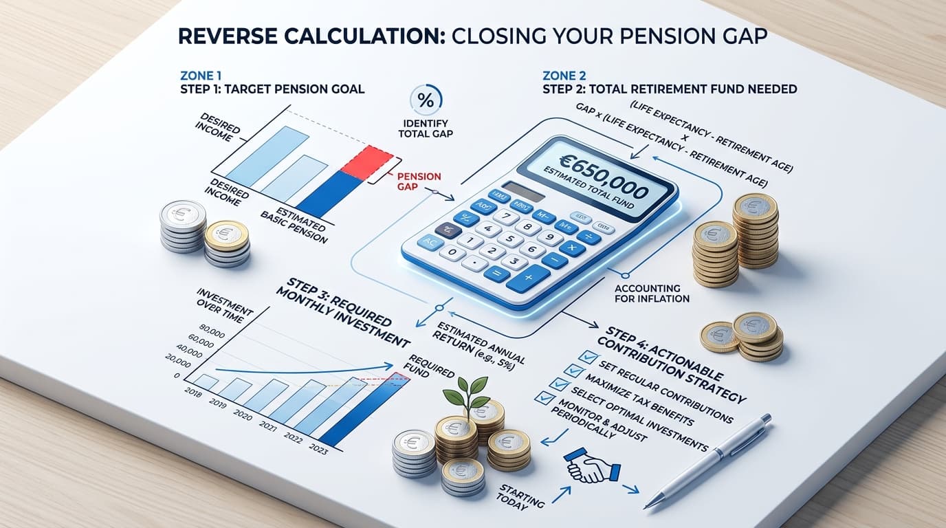 Infographic on the backward calculation of the pension gap and the monthly contribution needed into the Altersvorsorgedepot, factoring in state allowances