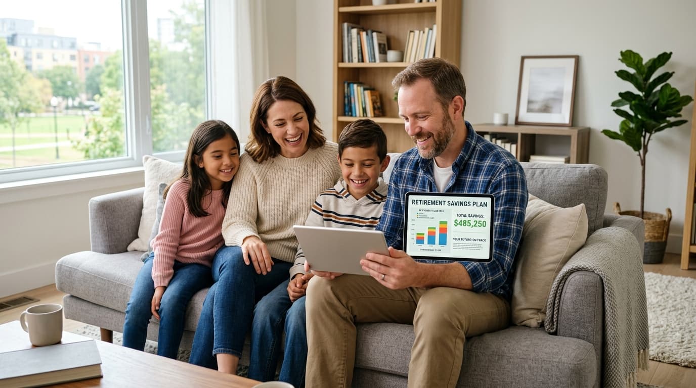 A happy family with two children sits together on the sofa, smiling as they look at a tablet showing a retirement savings plan.