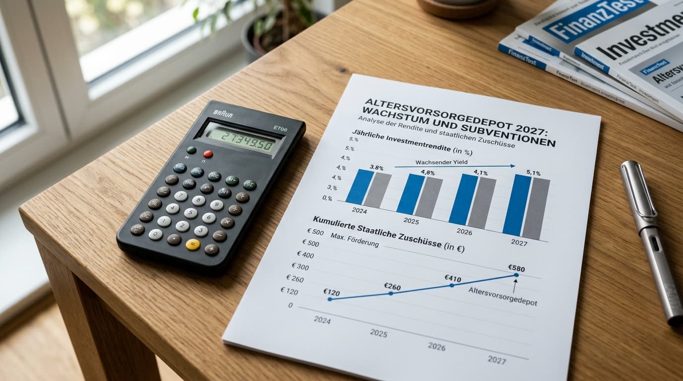 A calculator on a desk next to a chart illustrating the growing subsidy return and the state allowances of the Altersvorsorgedepot 2027.