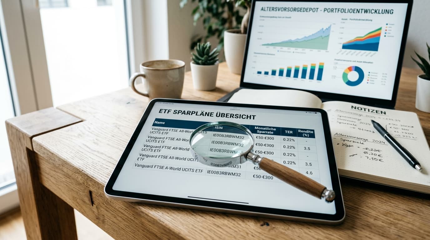 A magnifying glass lies on a list of ETF savings plans on a tablet, with charts on the Altersvorsorgedepot and a notepad visible in the background.