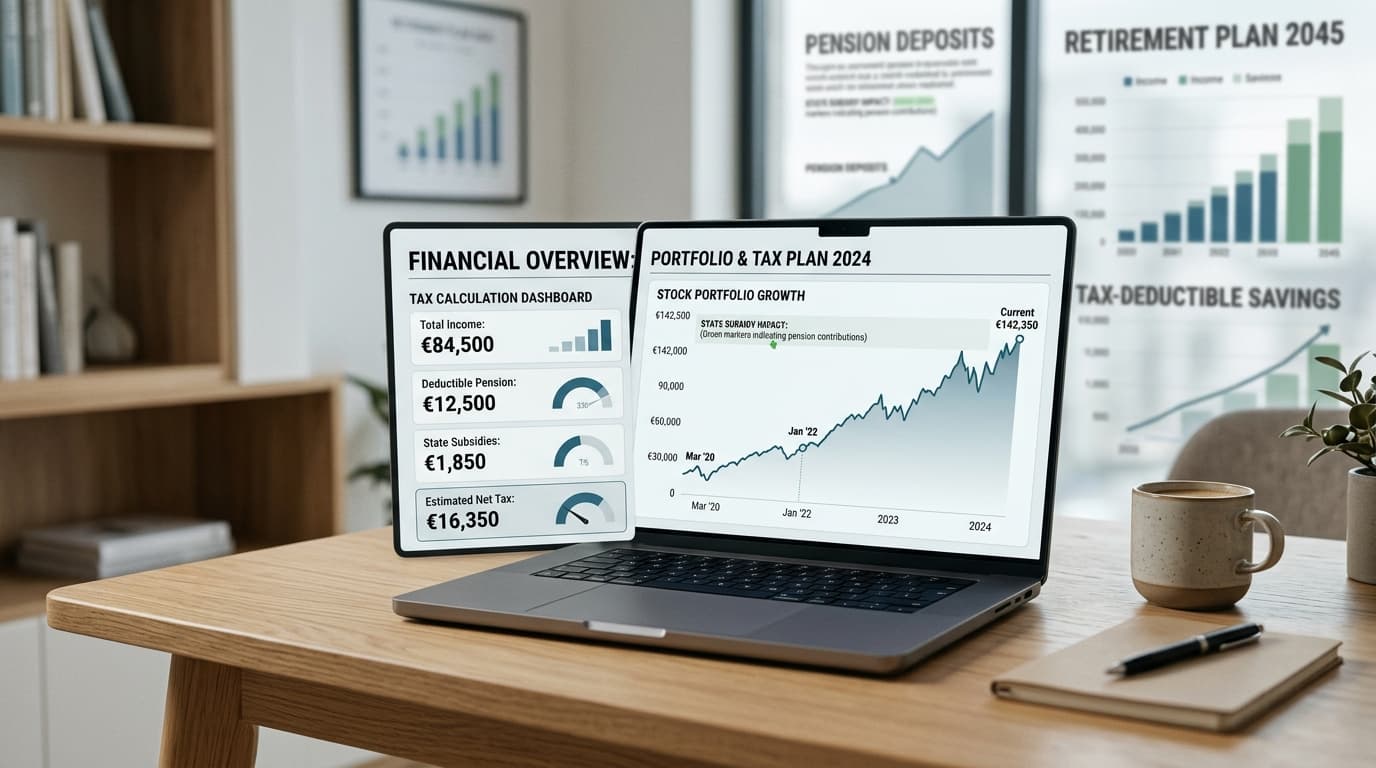 A modern laptop displays a tax calculation, with a growing equity portfolio and state subsidy in the background.