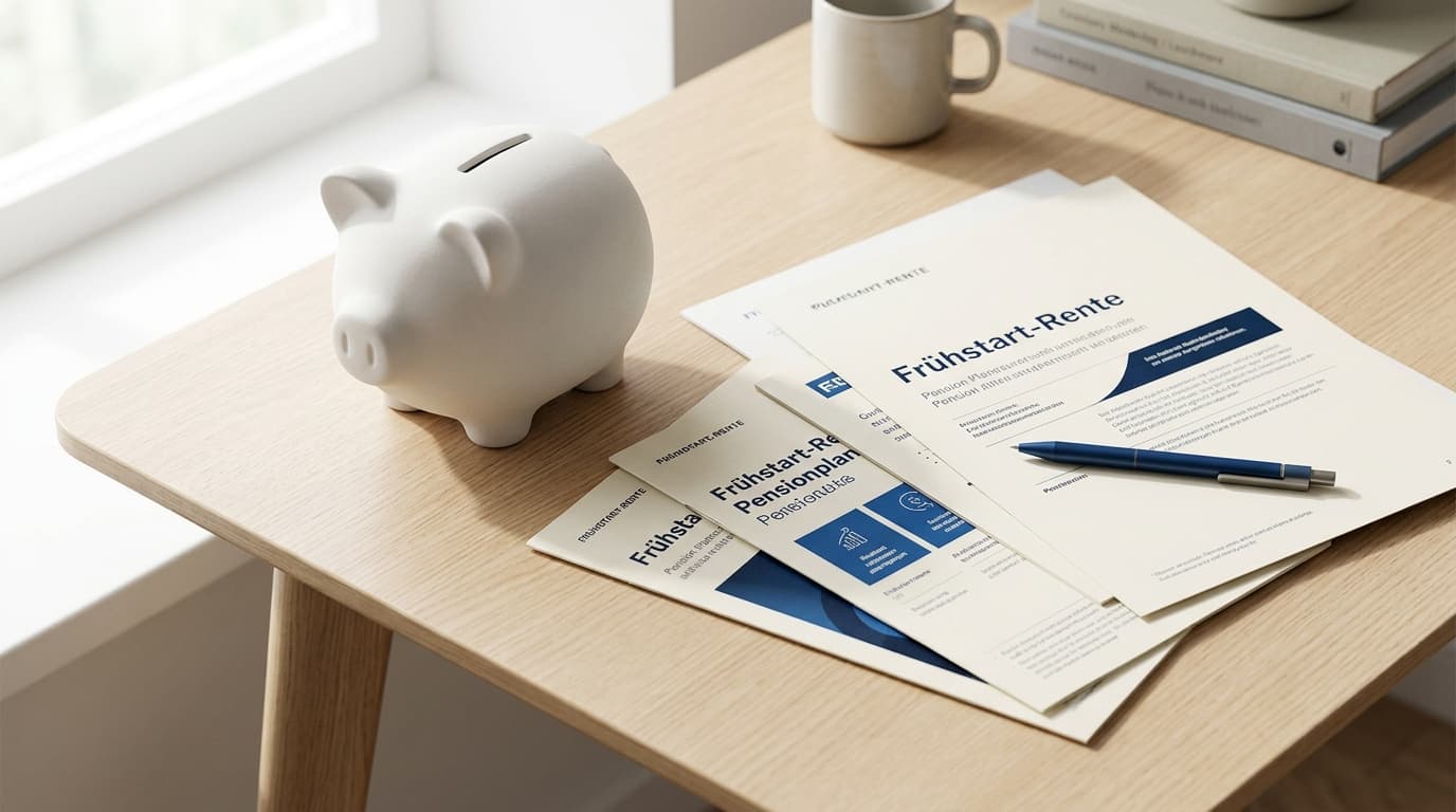 A symbolic image of taxes and retirement provision for children, with a piggy bank and documents relating to the Frühstart-Rente.