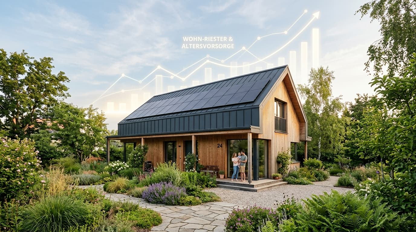 A modern single-family house with a solar installation in a green garden, set against a stylised securities chart in the background, symbolising the symbiosis of Wohn-Riester and retirement provision.