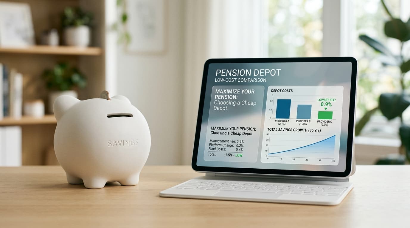 A minimalistically designed piggy bank next to a digital tablet showing transparent cost charts and a low percentage figure for an Altersvorsorgedepot.