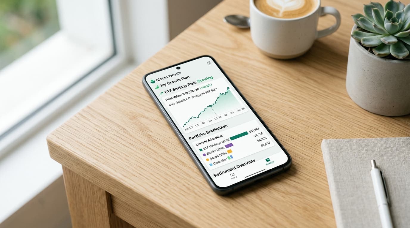A close-up of a smartphone with a modern finance app, showing a growing ETF savings plan and the details of an Altersvorsorgedepot in a clear chart.