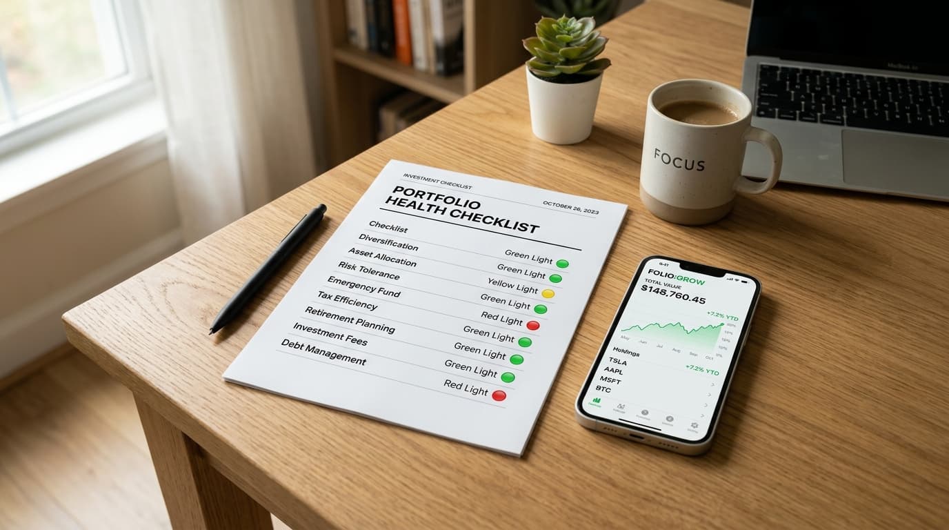 A checklist with green and red traffic-light symbols lies on a modern desk next to a smartphone with an account app, showing criteria for the provider comparison.
