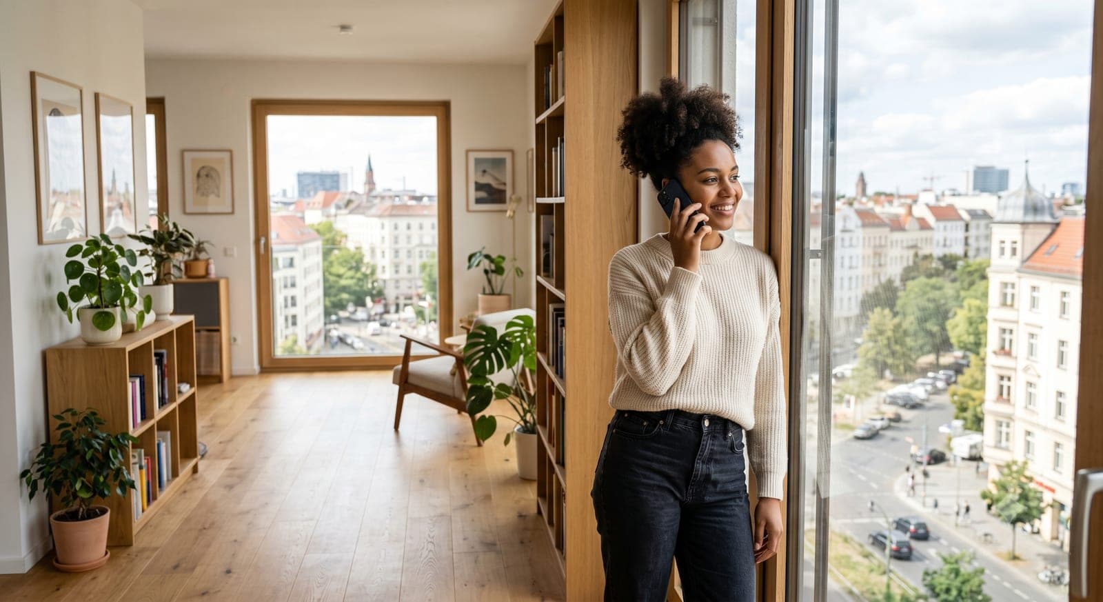 Frau telefoniert am Fenster mit Blick über die Stadt und lässt sich zur Altersvorsorge beraten